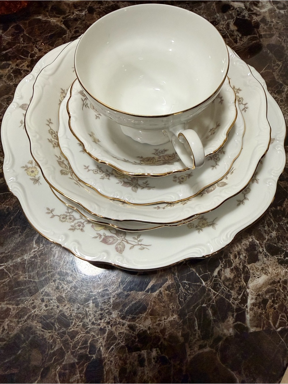 Porcelain Tea Cup and Plate Set in White with Gold Trim